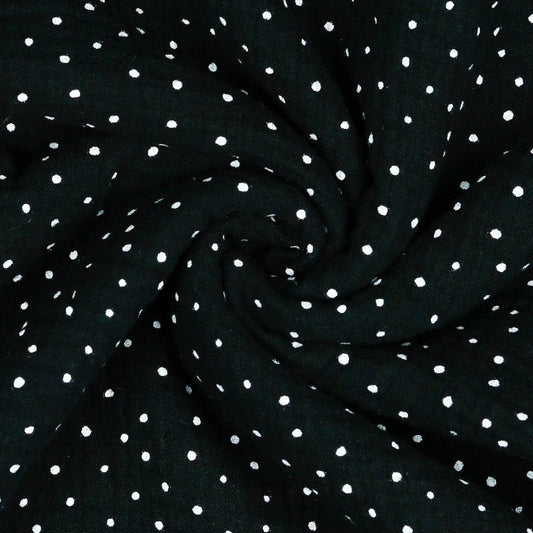 Mousseline à pois sur fond noir 125 g/m²