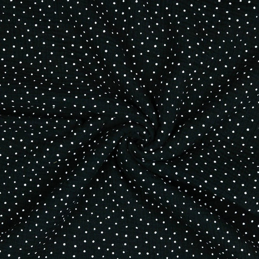 Mousseline à pois sur fond noir 125 g/m²