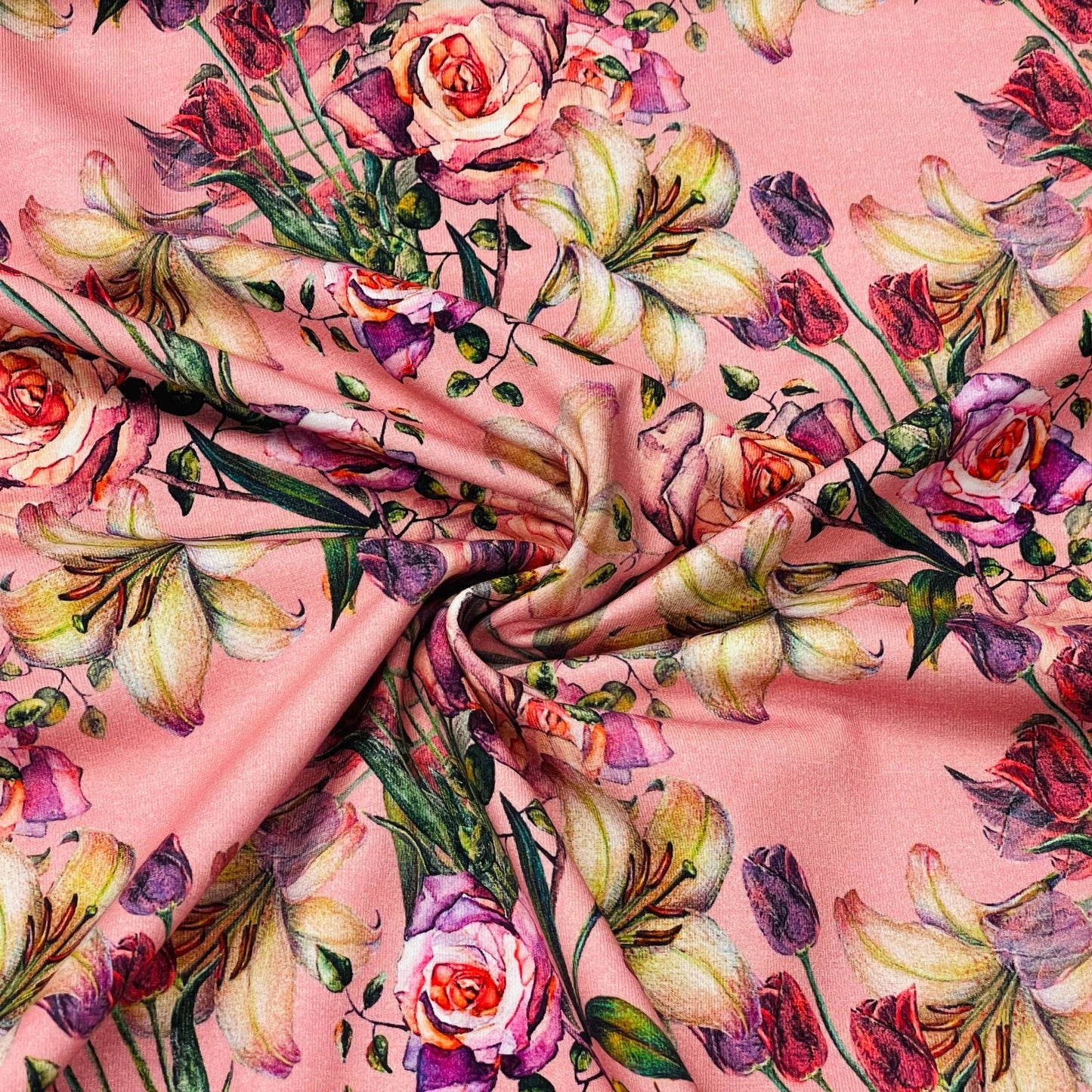 Feiner Baumwolljersey mit Rosen und Lilien 220 g/m²