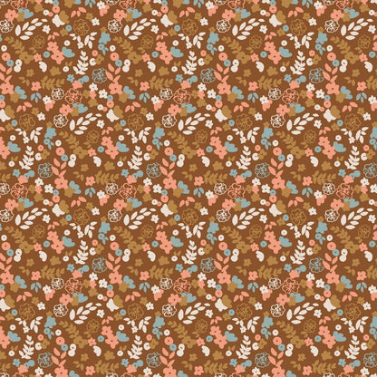 Jersey de coton fin à motif floral sur fond brun noisette 220 g/m² (cert. GOTS)