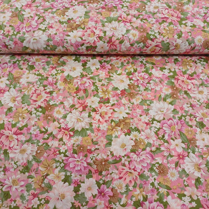 Premium-Stoff aus 100 % Baumwolle mit Sommerblumen auf rosa Hintergrund 115 g/m²